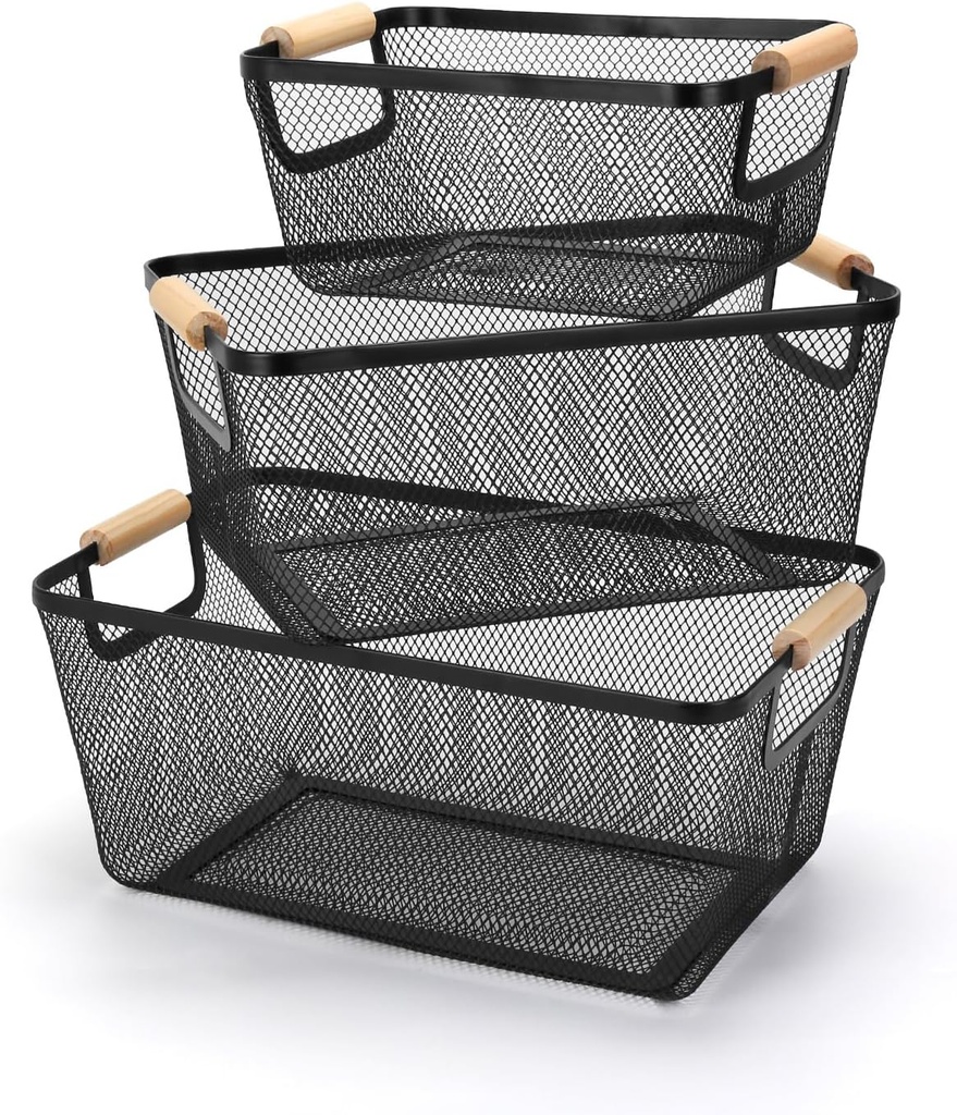 Wire Basket for Organizing, Wire Metal Mesh Basket with Wooden Handle, Steel Storage Basket for Kitchen, Food Panel, Home Cabinet, Closets, Picnic, Home (Black, 3-Piece)