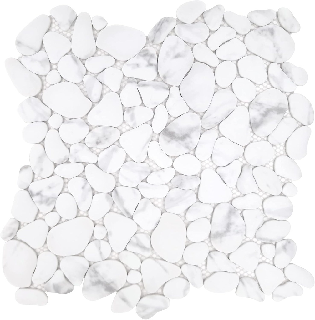 SUNWINGS 10-Sheet Pebble Tile for Shower Floor Border Kitchen Bathroom Backsplash, Carrara White Marble Stone Looks Wall and Floor Tile, Covers 7.9 Sq. Ft