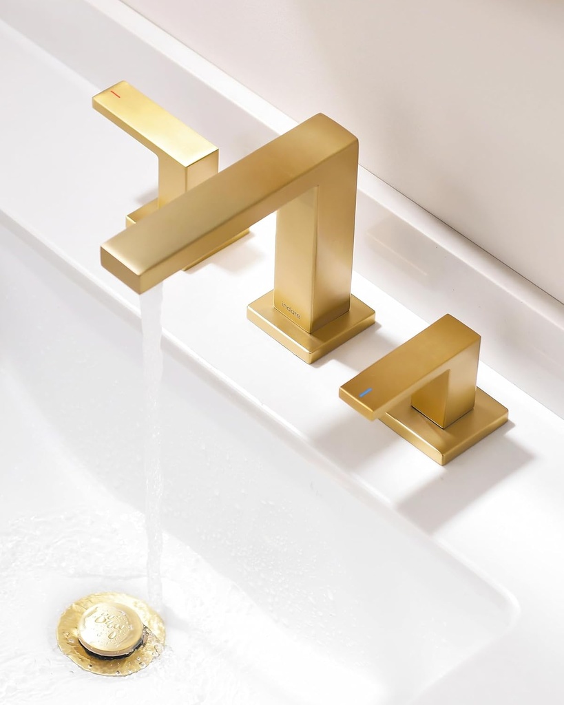 Brushed Gold Bathroom Faucets， Vanity Faucets for Sink 3 Hole ，Two Handles Widespread 4 Inch 8 Inch Brass Bathroom Sink Faucet with Pop Up Drain and Cupc Lead-Free Hose