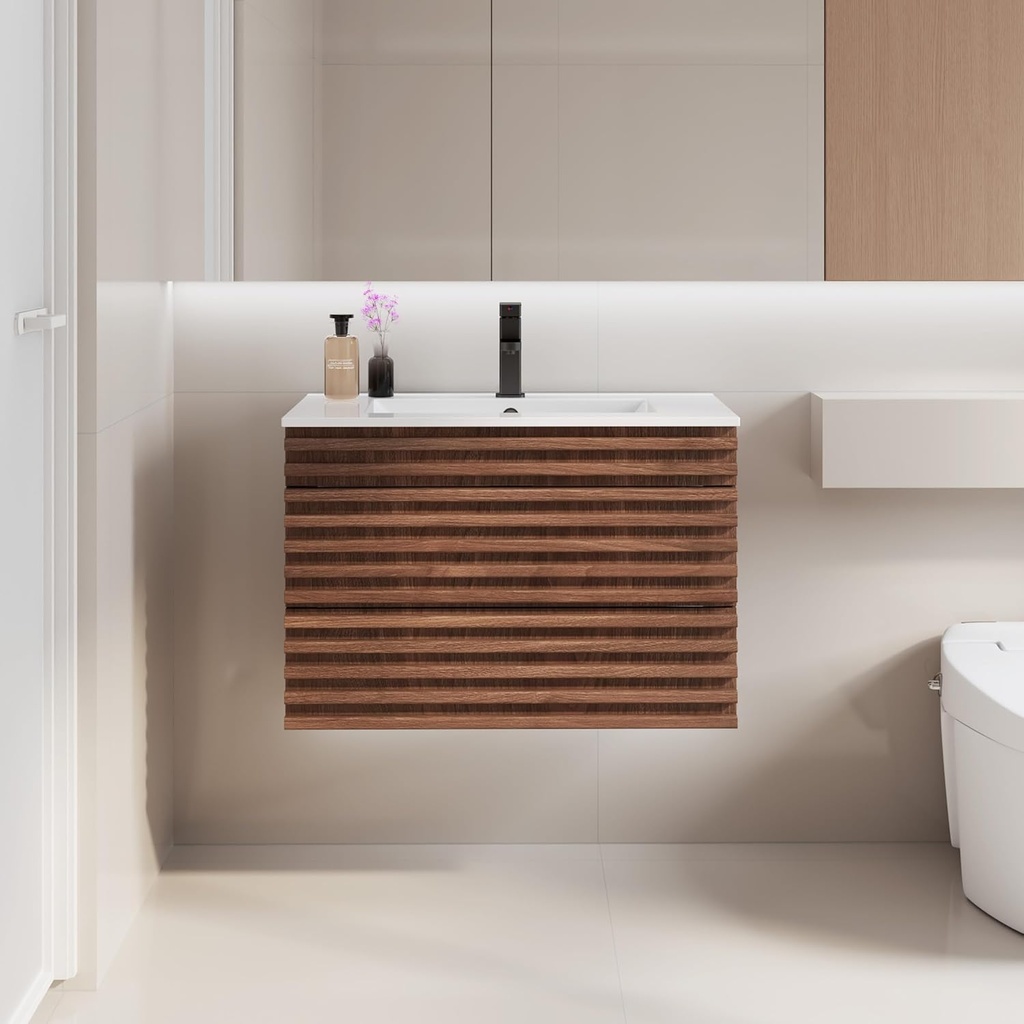 LUCKWIND 30" Floating Bathroom Vanity with Sink, Mid-Century Wall Mounted Big Drawer Cabinet with Ceramic Sink, Water Saving Faucet and Wood Stripes Style, Walnut