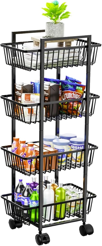 Simple Trending 4 Tier Rolling Fruit Vegetable Basket Cart, Metal Wire Kitchen Storage Organizer on Wheels for Bread Onion Potatoes, Black