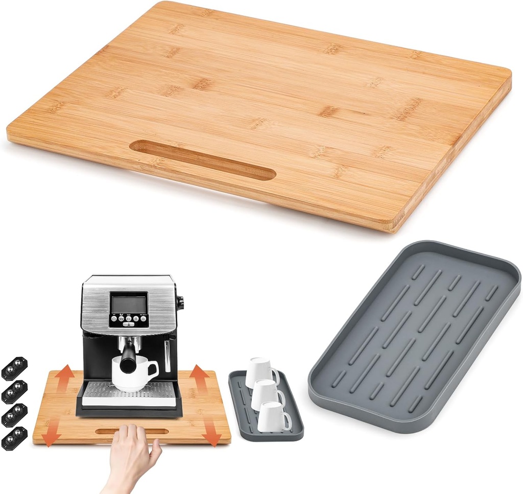 Appliance Slider with Silicone Cup Pad - 360° Rolling Tray for Coffee Maker - Sturdy Bamboo Countertop Organizer - Large Size(11.8"×15.7")