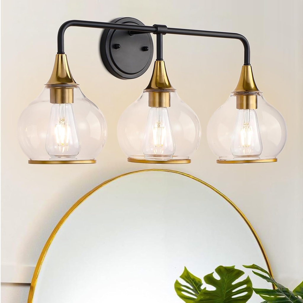 [BRSREEI3CEHQAHLA] 3-Light Brushed Gold Bathroom Vanity Light, Black and Gold Bathroom Light Fixtures with Clear Globe Glass Shade,Modern Farmhouse Wall Sconces for Mirror Kitchen Living Room Cabinet