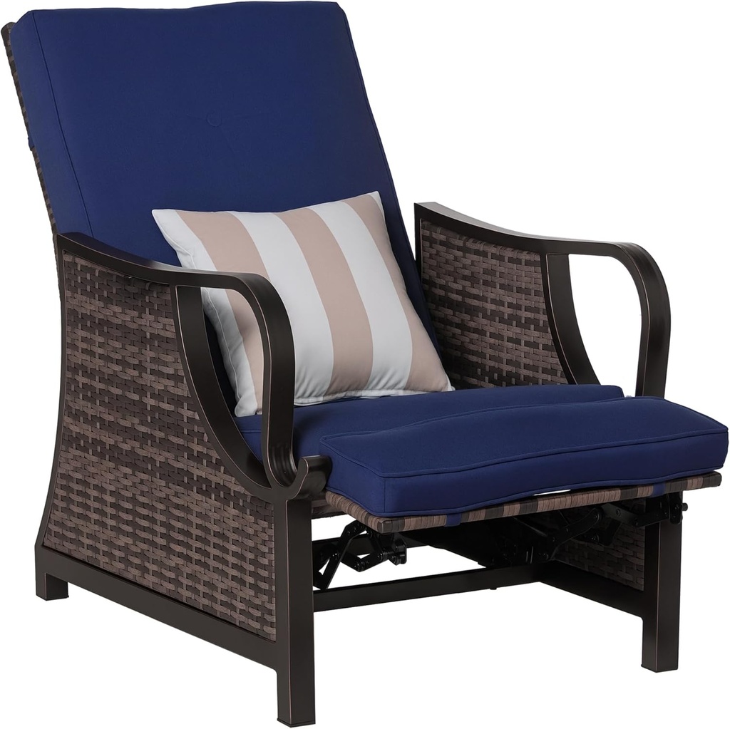 Outsunny Outdoor Recliner Chair with Cushion, Rust-Resistant Aluminum Frames PE Wicker Patio Lounge Chaise Chair with Adjustable Reclining Backrest and Footrest, Pillow, Dark Blue