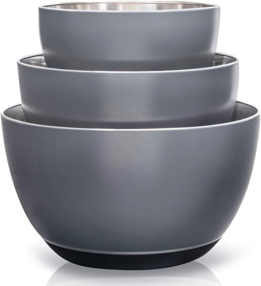 WHYSKO® Stainless Steel Mixing Bowls (Set of 3) with Non-Slip Silicone Base for Kitchen, Dishwasher Safe Bowls for Meal Prep, Cooking, Baking, Serving, Food Storage (Grey)