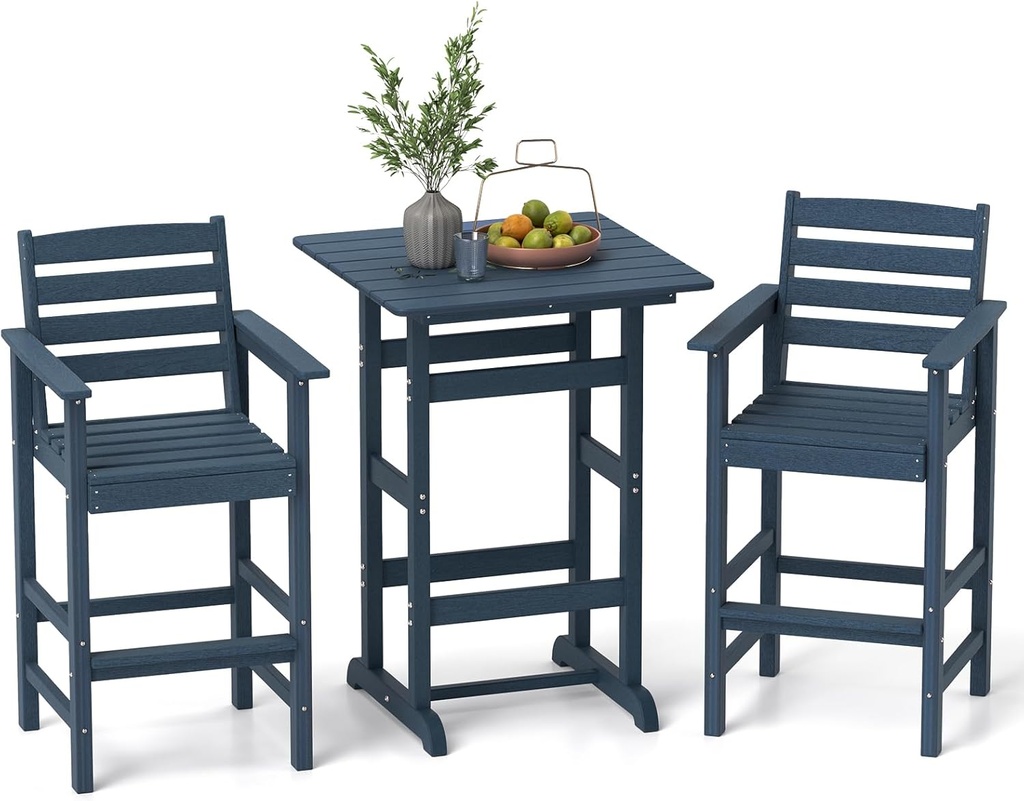 Tangkula 3-Piece Patio HDPE Bar Set, 2 Bar Height Adirondack Armchairs w/Square High-Top Table, Weatherproof Bistro Furniture Set w/Footrest & Backrest for Backyard, Poolside, Porch (Navy)