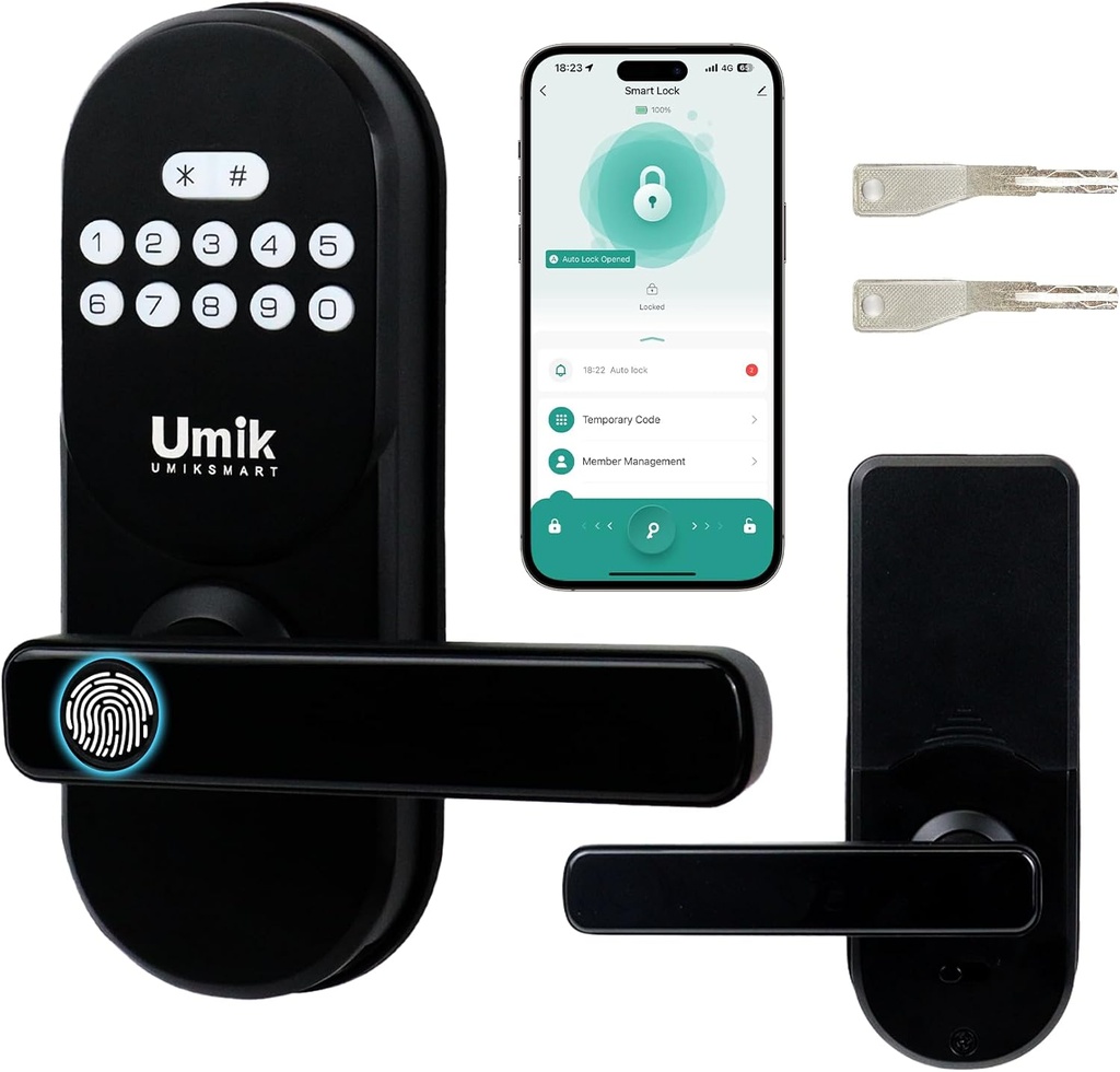 Fingerprint Smart Door Lock with Handle, Keyless Entry Door Lock for Front Door, Auto-Lock, APP Control, Easy Install (Black)