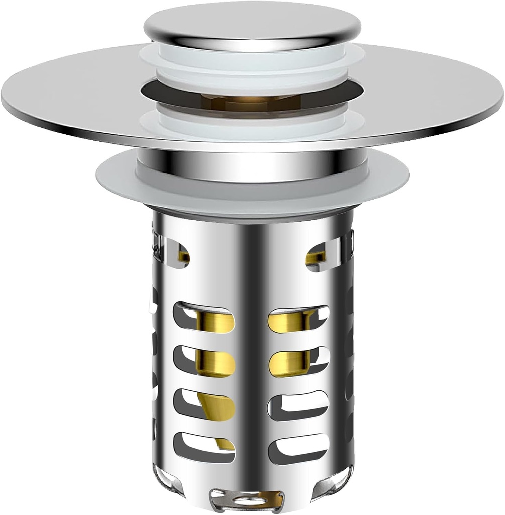 Pop Up Sink Drain Stopper for Bathroom, Universal Sink Plug with Removable Stainless Steel Strainer, Brass Core, Chrome, Anti-Clog Hair Catcher for Replacement, Fits 1.1-2.36 Inch Basin