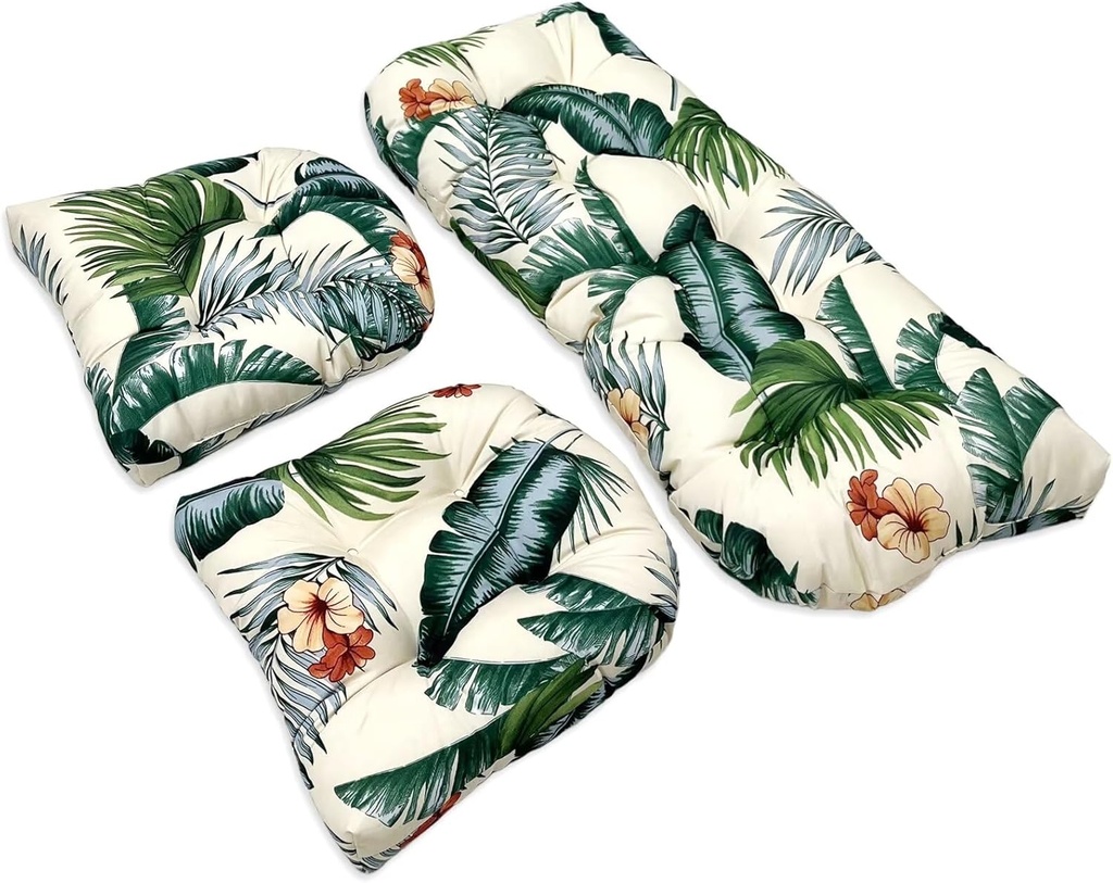 Wicker Chair Cushions, 3 Pieces Indoor Outdoor All Weather Waterproof Tufted Wicker Chair Cushions, 1 Loveseat and 2 U-Shape Cushions for Patio Furniture,Hawaiian-Flower