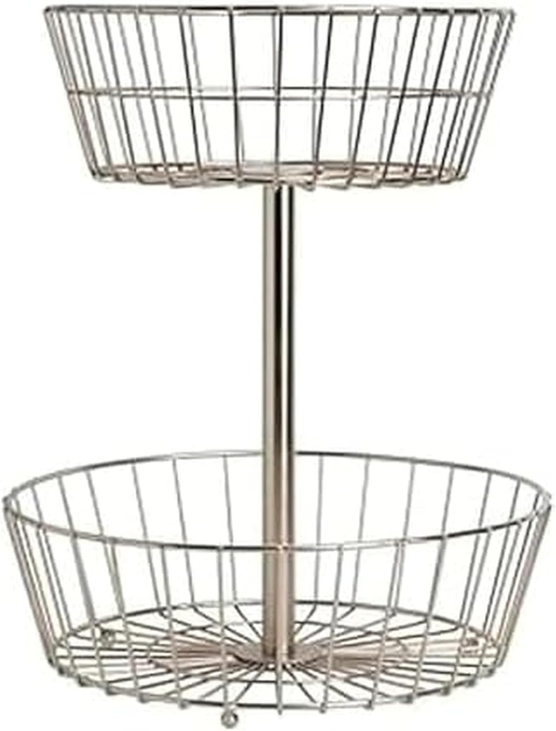 Gourmet Basics by Mikasa Geneva 2-Tier Countertop Fruit Basket Nickel-Finish Metal Storage Stand for Kitchen Countertop Organization, Produce Display