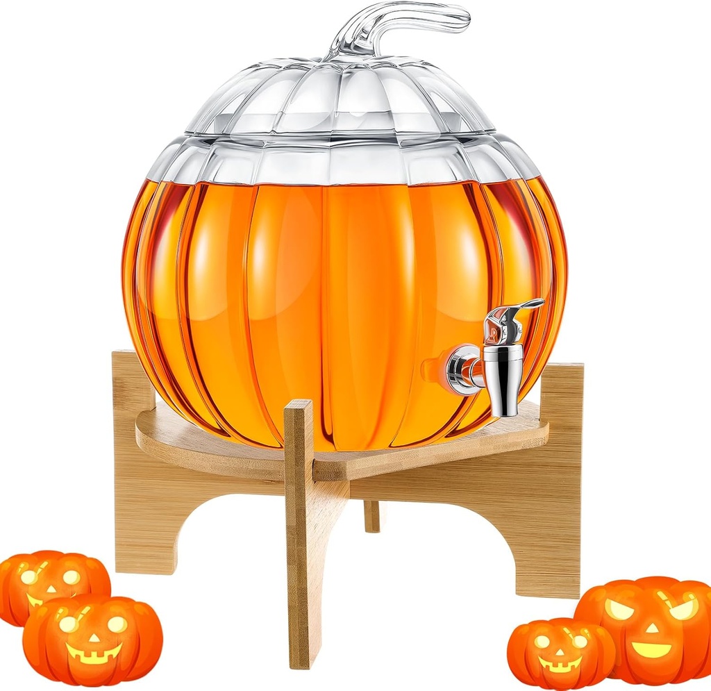 2 Gallon Glass Pumpkin Drink Dispenser for Fall Halloween Thanksgiving Party Supplies, Pumpkin Punch Bowl with Wooden Stand, Fall Autumn Glass Beverage Dispenser with Spigot
