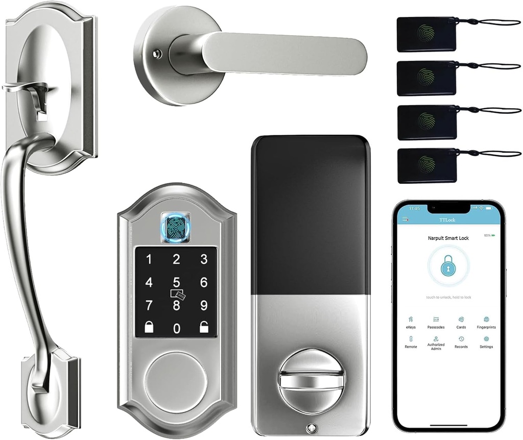 Smart Locks for Front Door,Keyless Entry Door Lock with Handle Set, Front Door Lock Set with APP Control, Fingerprint DoorLock with Deadbolt and Adjustable Lever, Satin Nickel