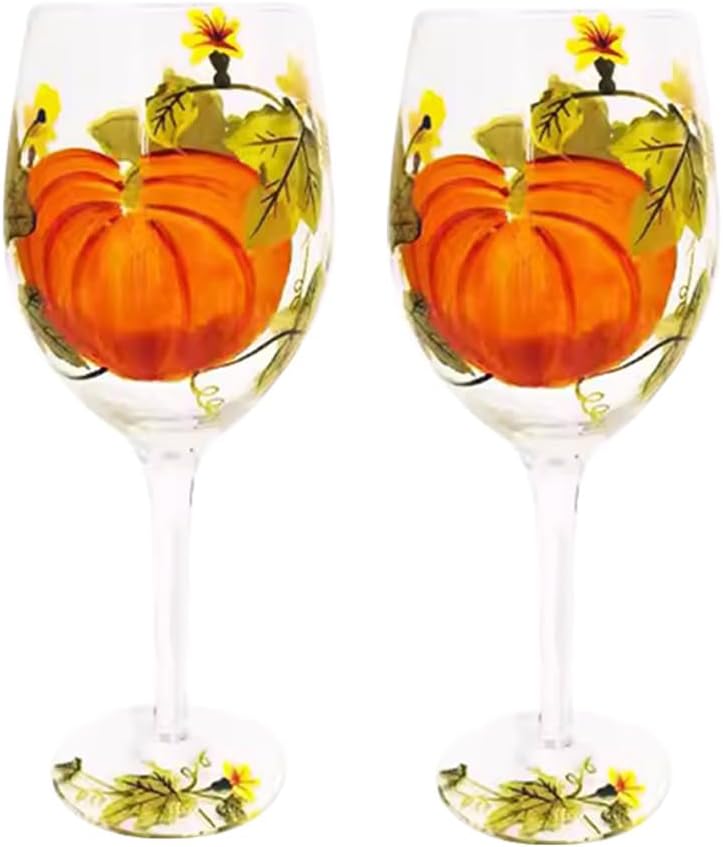 2PCS Hand Painted Pumpkin Goblets Fall Thanksgiving Wine Glass Fall Autumn table Decor Fall Wine Glasses with Stem for Thanksgiving Hostess Perfect Gifts (Pumpkin-B)