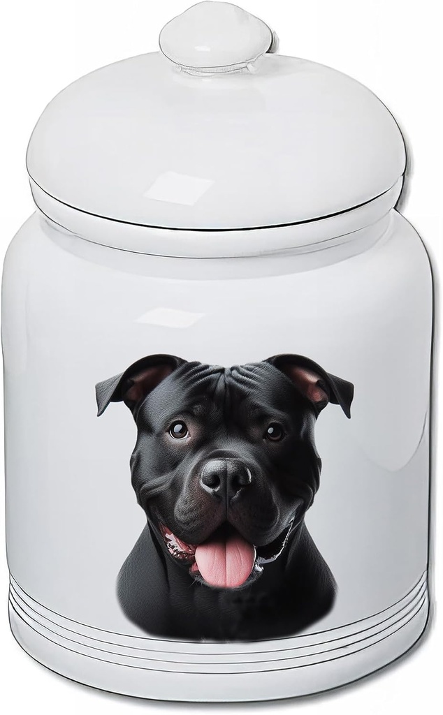 Best of Breed American Pit Bull Black Dog and Cat Ceramic Treat Jar 9" Tall Air Tight Seal All White