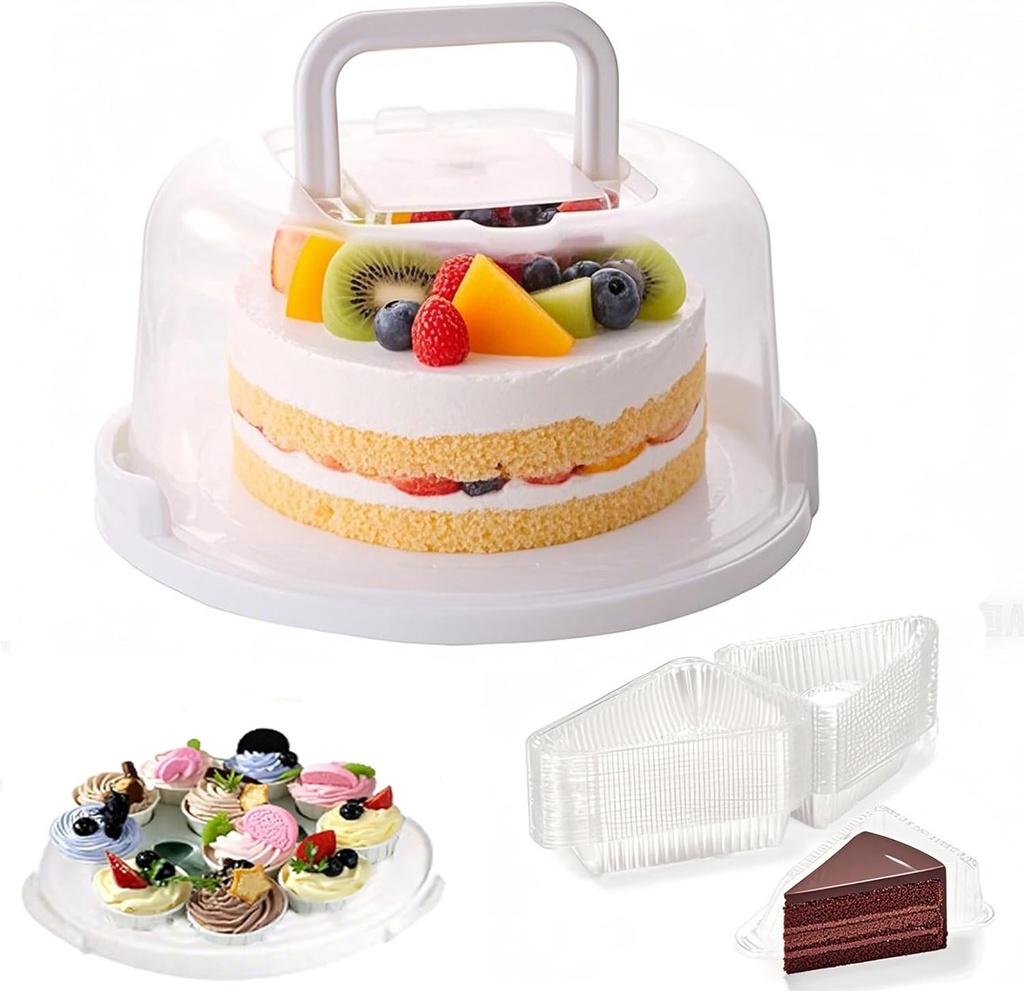 Cake Carrier with Lid and Handle,Cake Holder Tray with Cover Round Cupcake Storage and Plastic Cover Two Sided Base,Portable Fits 10 inch Cake.（Included 50Pcs Cake Slice Plastic Containers）