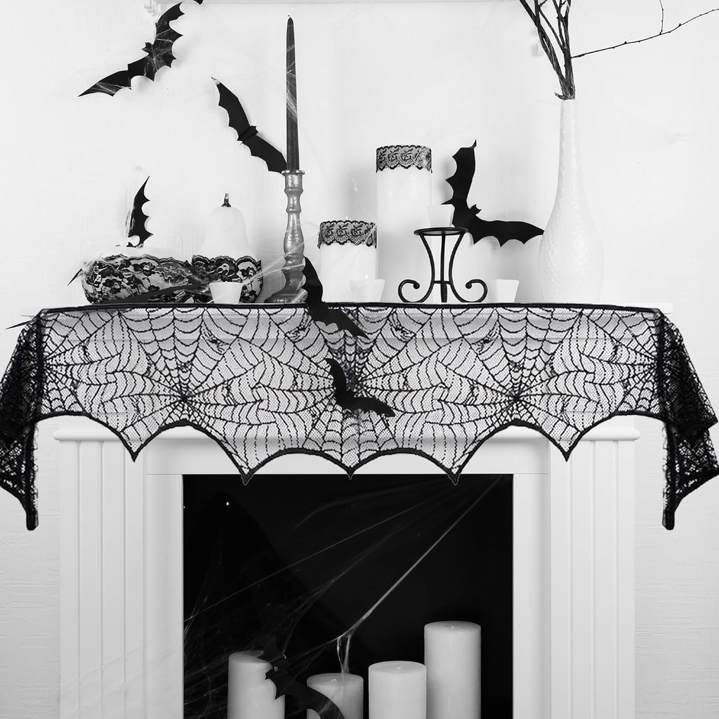Halloween Mantel Scarf Black Lace Spiderweb for Fireplace Decor Halloween Decorations Indoor Fireplace Scarf(18 x 96 inch)(Black)