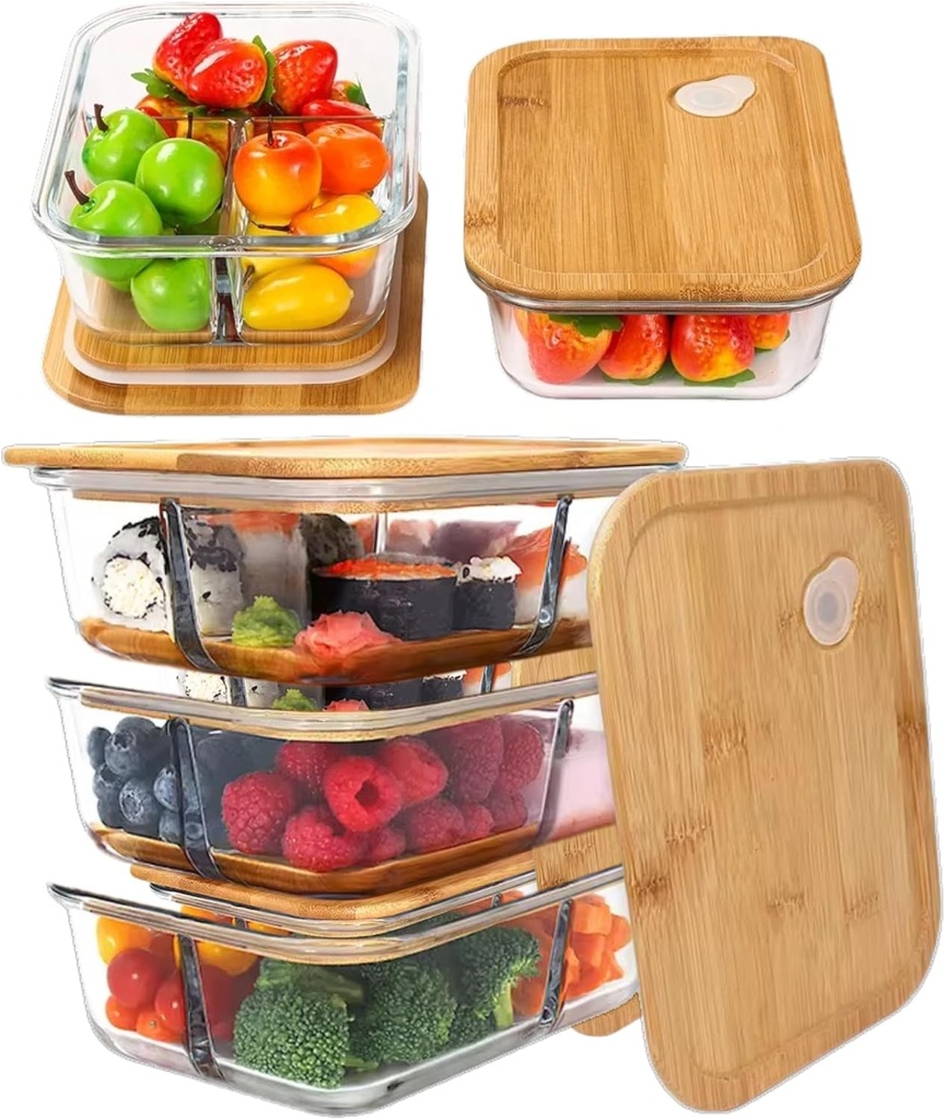 Glass Bamboo Lids Meal Prep Containers Food Storage Pantry Kitchen Fridge Cabinet Organizer, Lunch Box, Microwave Oven, [3PACK]