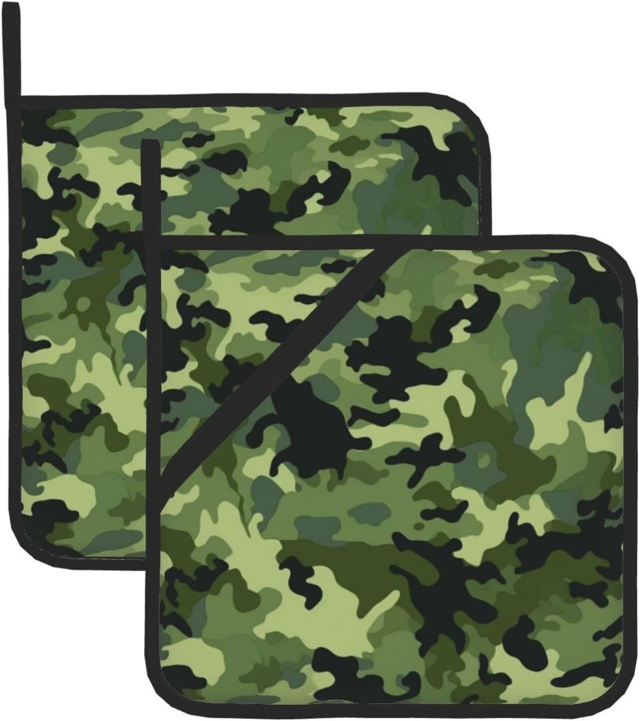 Camo Green Print Pot Holders Set of 2 Kitchen Heat Resistant Potholder with Hanging Loop Waterproof Thickened Oven Hot Pad for Microwave BBQ Cooking Baking 8 x 8 Inch