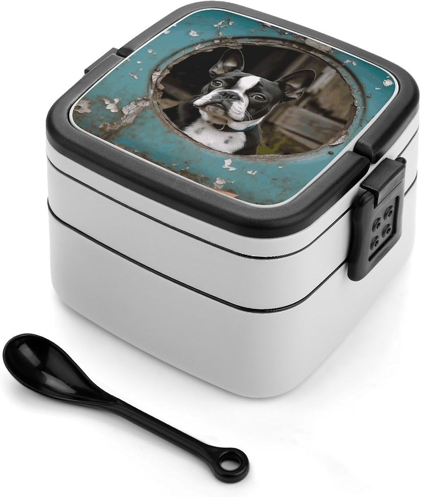Boston Terrier Bento Box with Spoon, 2-layer Stackable Lunch Box Leak Proof with Invisible Handle, Insulated Food Storage for Office, Picnic & Travel