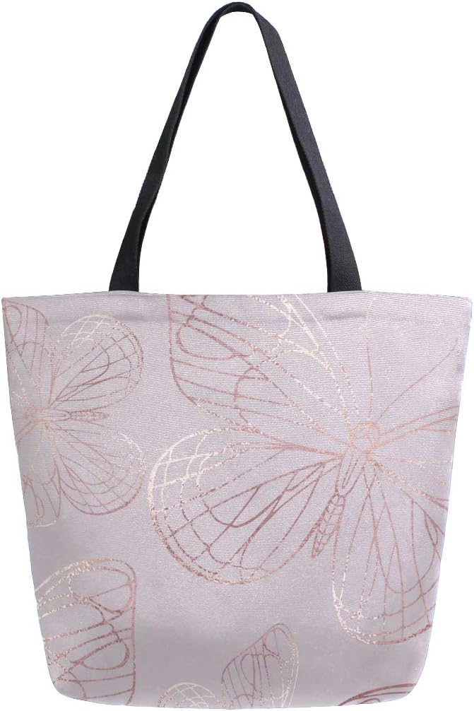ZZXXB Golden Pink Butterfly Reusable Grocery Shopping Bag Heavy Duty Canvas Tote Bag Large Collapsible Washable Handbag Shoulder for Women