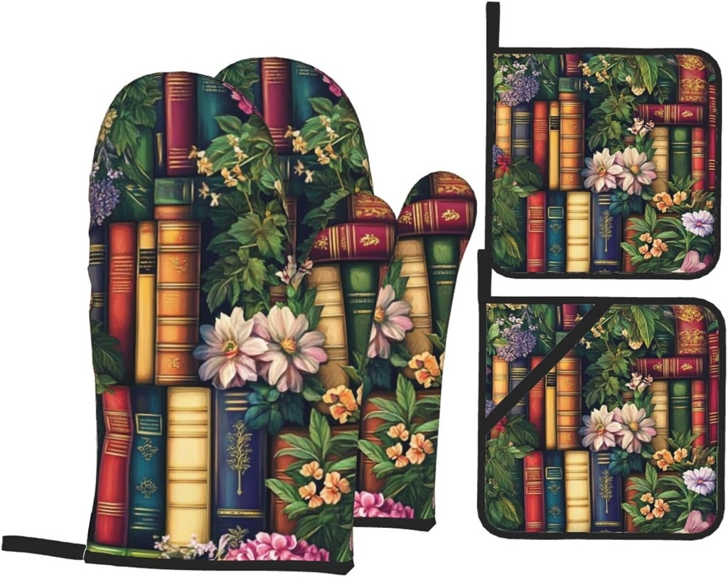 4 Pcs Books Oven Mitts and Potholders,Kitchen Oven Glove with Pot Holders,Non-Slip Gloves High Heat Resistant 500 Degree for BBQ, Grill, Baking, Cooking, Oven, Microwave