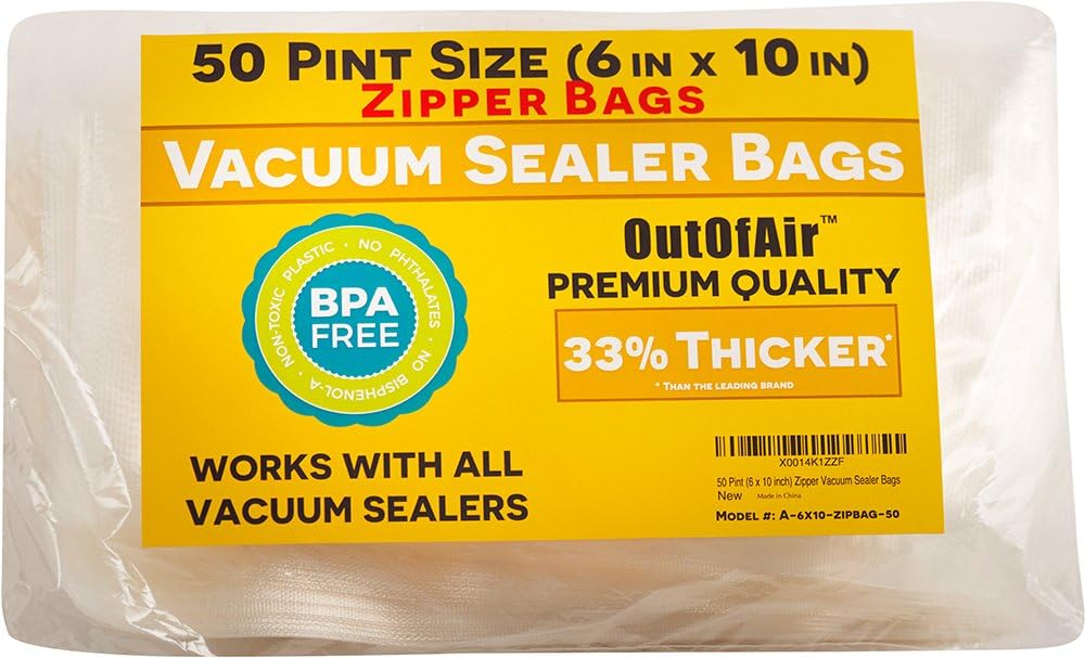 50 Zipper Vacuum Sealer Bags: Pint Size (6" x 10") - OutOfAir Vacuum Seal Zip Bags, Works with FoodSaver & Other Savers, 33% Thicker BPA Free Commercial Grade Great for Snacks On The Go