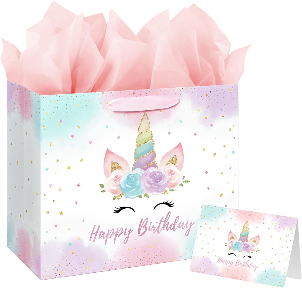 13" Large Unicorn Birthday Gift Bag with Card and Tissue Paper for Baby Girls and Kids Birthday (13in Pink)
