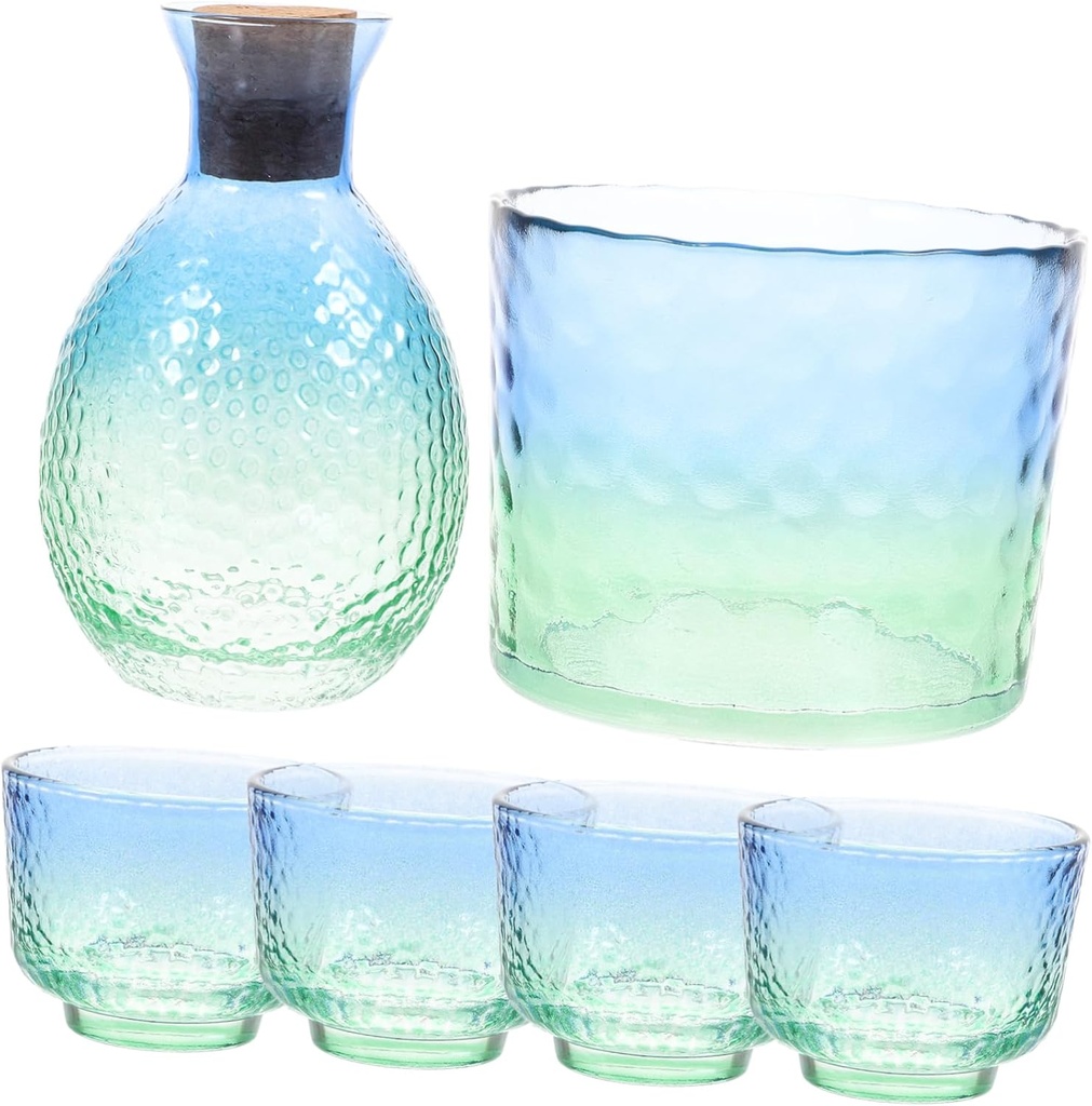 Japanese Sake Set with Elegant Glass Cups and Decorative Sake Bottle Unique Hammered Design for Home Use Gift-giving Peacock Blue Color Bottle and Cups Gift Box