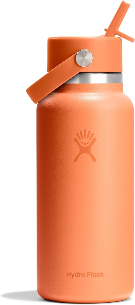 Hydro Flask Water Bottle - Insulated Stainless Steel - Wide Mouth Flex Straw Lid, Non Spill, Leakproof and Refillable in 32 Oz Nectar Orange