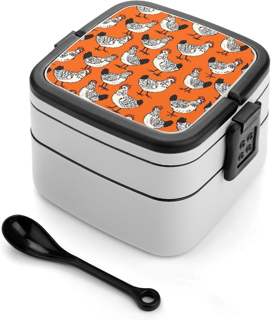 Stackable Double-Layer Bento Box Chicken Cartoon Pattern Adults Lunchbox With Spoon Cute Japanese Bento Box Dishwasher Safe for Work Travel Dining Outc
