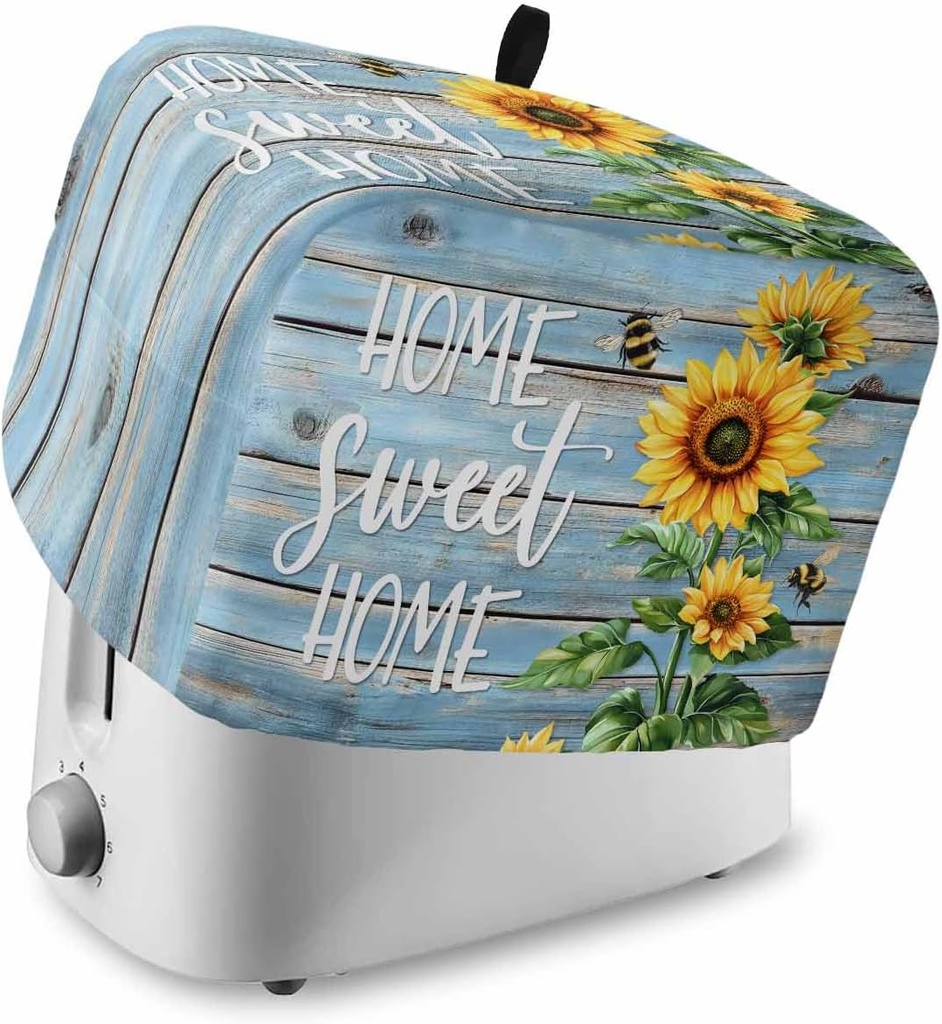 Spring Sunflower Toaster Cover 2 Slice, Bee Wooden Grain Country Rustic Dustproof Bread Machine Oven Cover with Storage Pockets, Fits Most Kitchen Toasters Protector