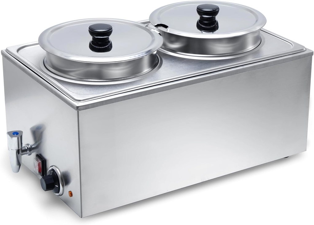 SYBO Food Warmer Steam Table Easy to Clean Commercial Grade Stainless Steel Bain Marie Buffet for Catering and Restaurants ETL, CE ROHS Certified for Commercial, Safety (2 Round Pots with Tap)