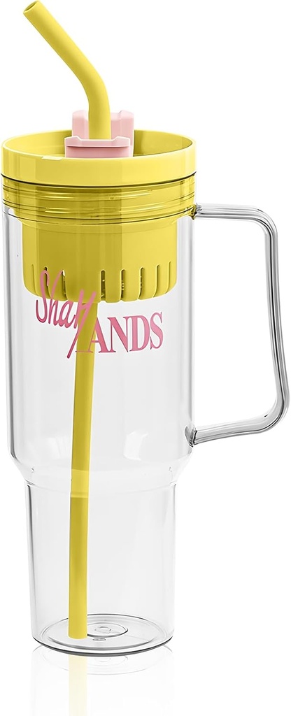 40oz Clear Tumblers with Lid and Handle and Straw,Leak-Proof BPA-Free Plastic Reusable Iced Coffee Cup,1200 ML Wide Mouth Water Bottle for Tea,Juice,Boba,Smoothies (Bright Yellow)