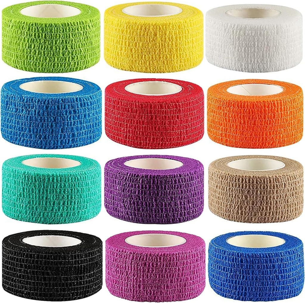 12Pack 1” x 5 Yards Self Adhesive Bandage Wrap, Elastic Self Breathable Self Adherent Wrap for Pets, Athletic Cohesive Bandage for First Aid, Sports Injury & Protection, 12Color