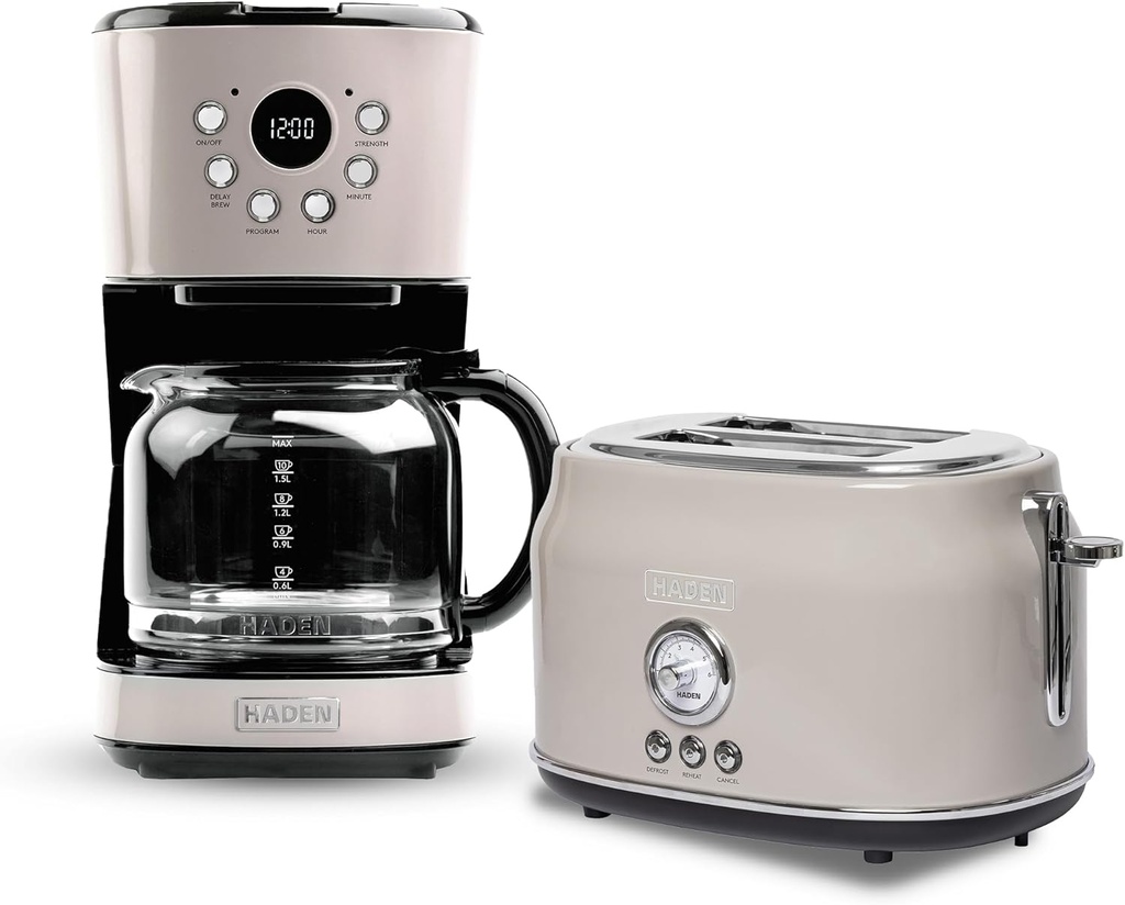 Haden 12 Cup Programmable Drip Coffee Maker Coffee Machine Bundled with Dorset 2 Slice Wide Slot Stainless Steel Toaster, Putty & Chrome