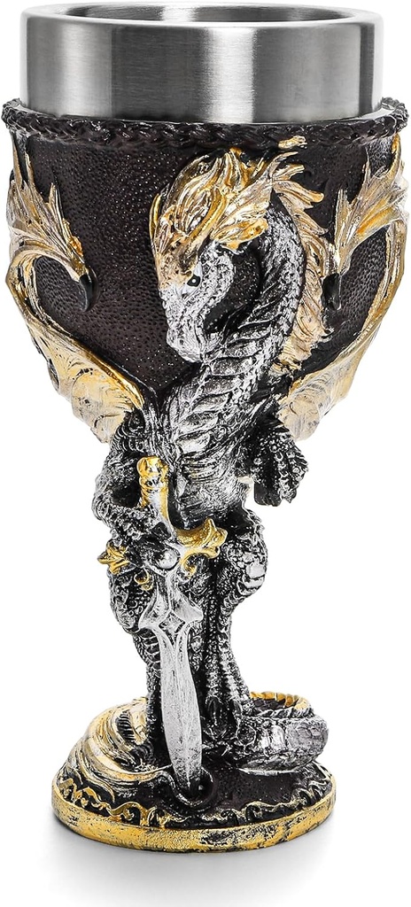 Jucoan Medieval Flame Dragon Wine Goblet, 6oz Stainless Steel Resin Wine Cup Fantasy Medieval Chalice Gift for Men, Father’s Day, Themed Party, Thanksgiving, Christmas