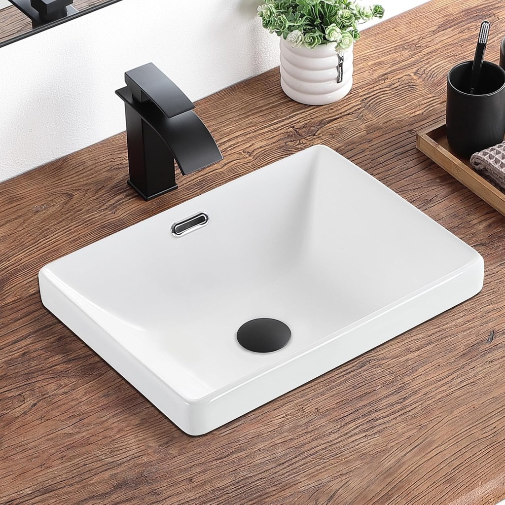 Bathroom Vessel Sink 16.7" X 12.6" Semi Recessed Bathroom Sink Rectangular Drop In Bathroom Sinks with Overflow White Ceramic Vessel Sinks for Bathroom Modern Above Counter Basin Vanity Sink