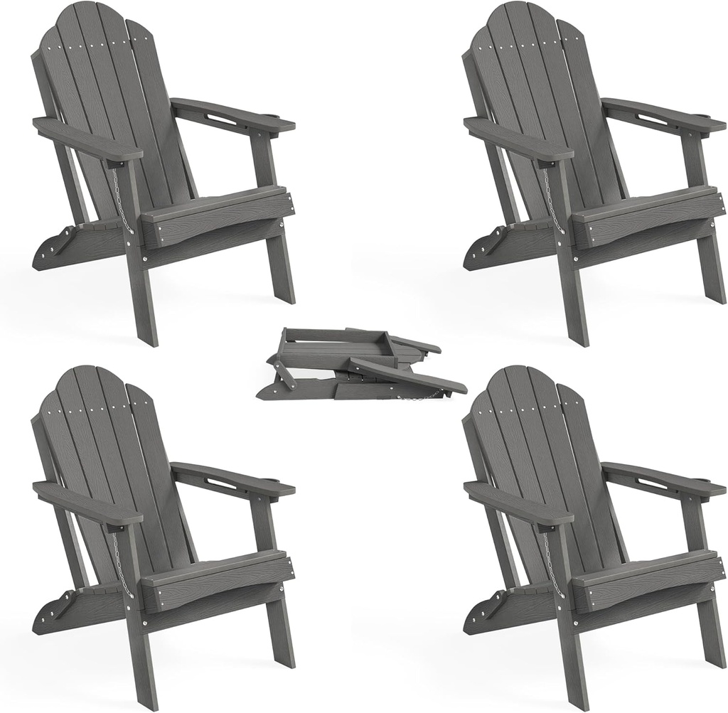 LUE BONA Folding Adirondack Chair, Chairs Set of 4, Cup Holder, Woodgrain, Fire Pit, Patio, Pool, Dark Grey