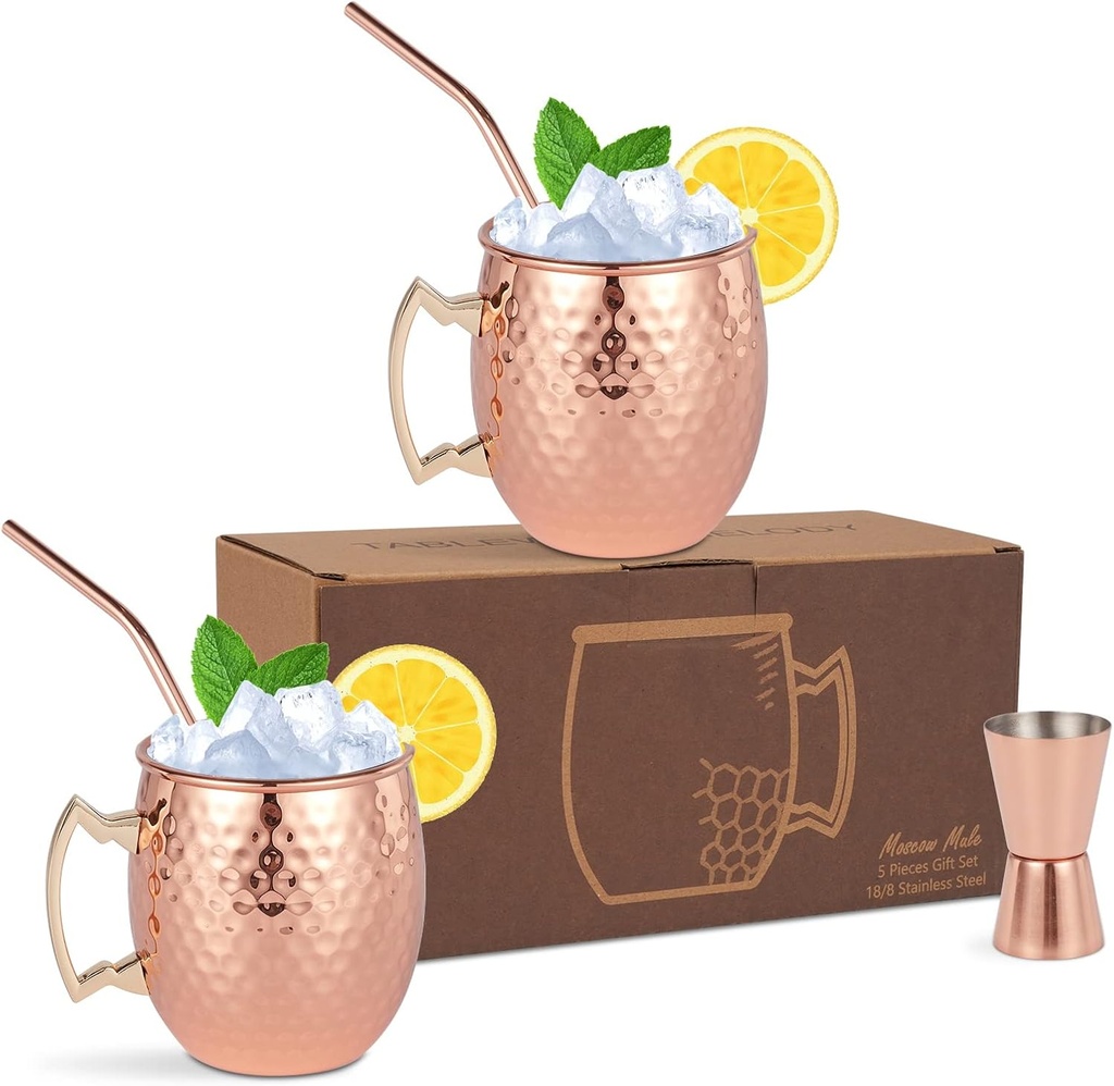 Moscow Mule Mugs Set of 2 – Hammered Copper Cups with Stainless Steel Lining, 2 Straws & Jigger – Barware Gift Set for Cocktails, Weddings, Home Entertaining