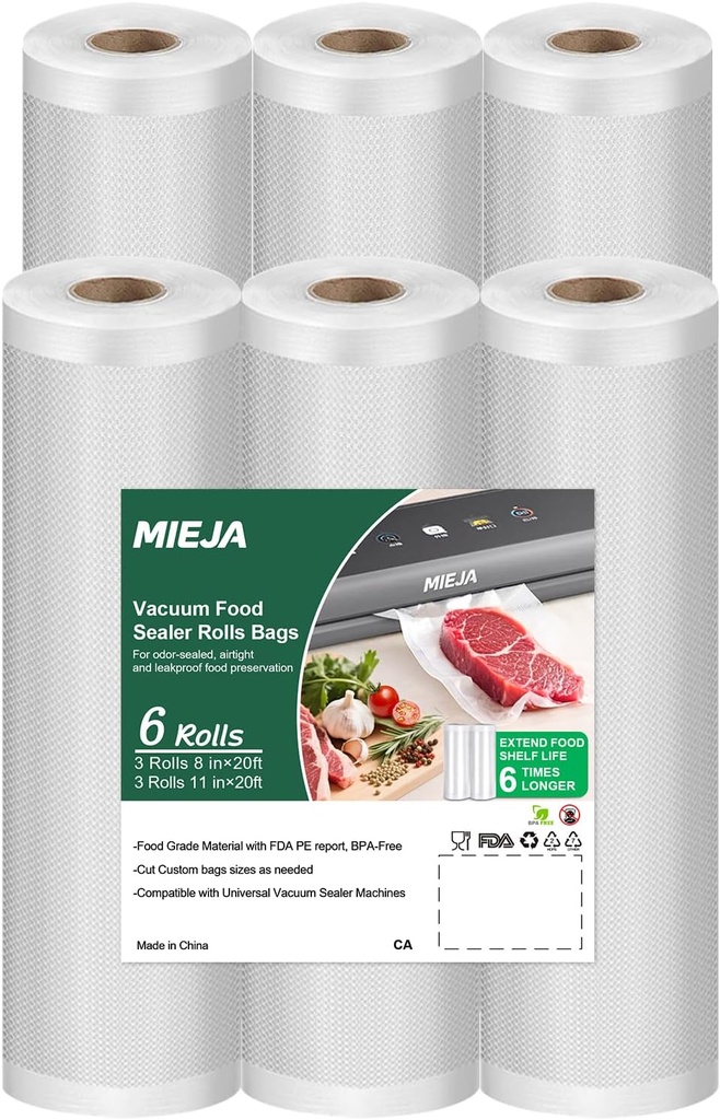 Vacuum Sealer Rolls Bags, 6 Pack 3 Rolls 11" x 20' & 3 Rolls 8" x 20' Commercial Grade BPA Free Bag Rolls, Durable Customized Size Food Vac Bags for Meal Prep, Storage and Sous Vide Cooking