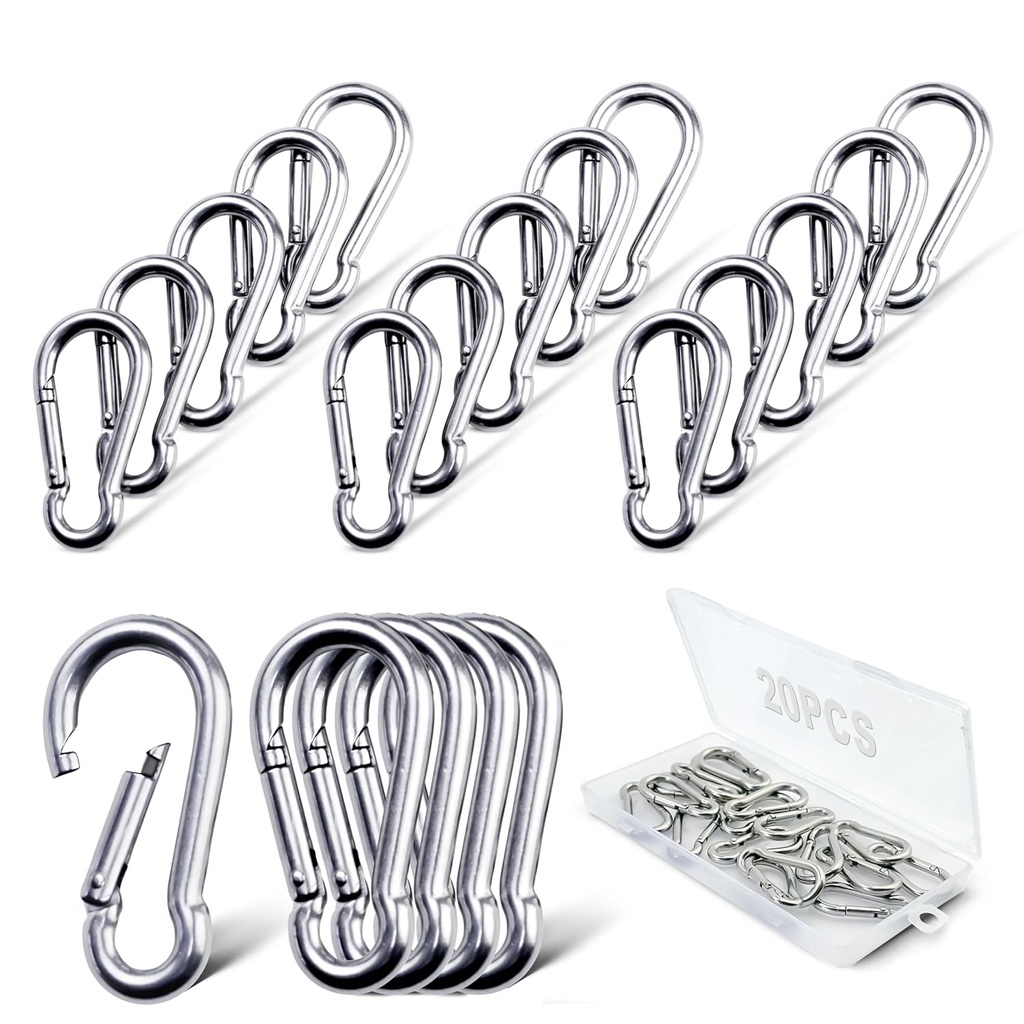 20PCS 304 stainless steel spring clasp 1.57-inch carabiners, M4 stainless steel spring snaps heavy-duty hooks. Suitable for pet tags hiking tents swing brackets as well as ropes, chains and key rings.