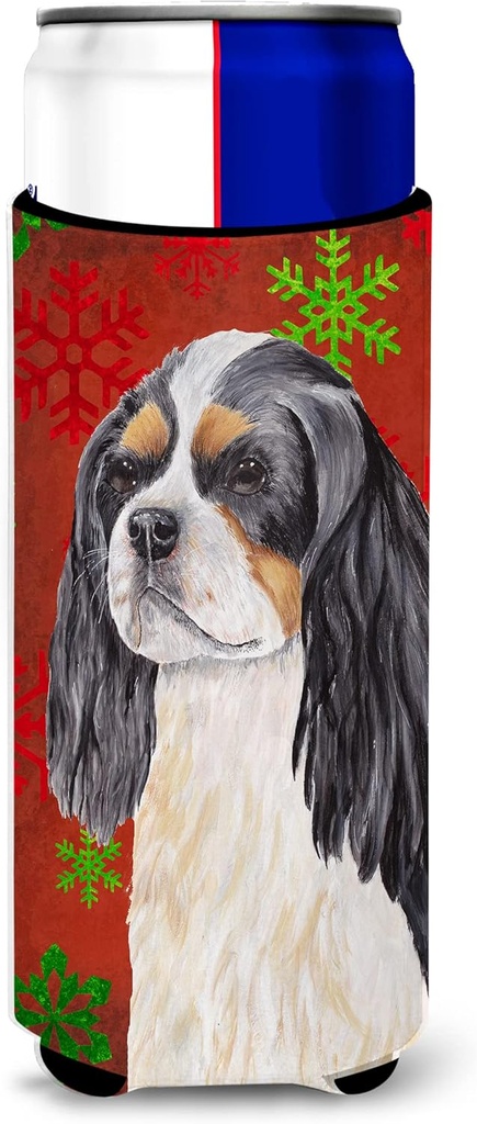 Cavalier Spaniel Red and Green Snowflakes Holiday Christmas Ultra Beverage Insulators for slim cans