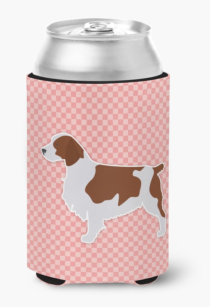 Caroline's Treasures BB3600CC Welsh Springer Spaniel Checkerboard Pink Can or Bottle Hugger Cooler Washable Drink Sleeve Collapsible Beverage Insulated Holder, Can Hugger, Multicolor