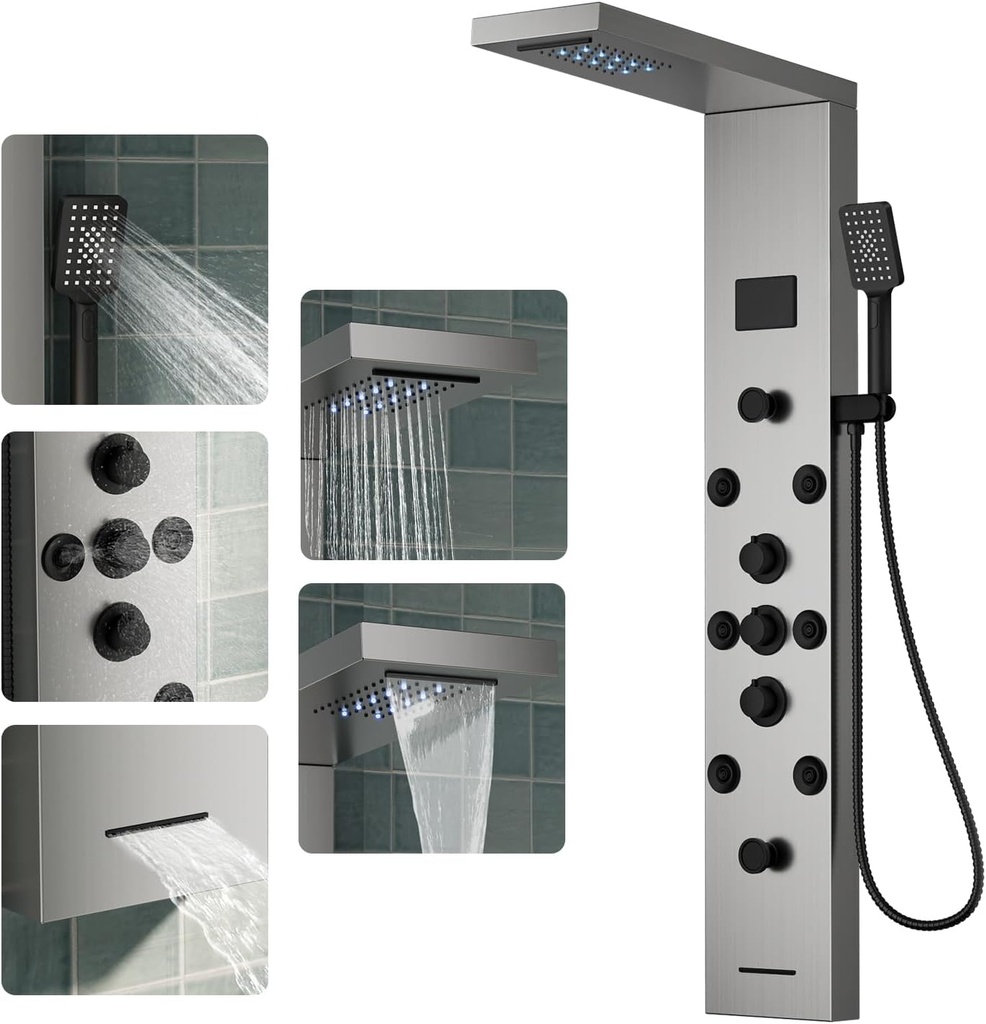 5 In 1 Shower Panel Tower System, 304 Stainless Steel LED Rainfall Shower Head with 8 Massage Body Jets, 3 Functions Handheld Head and Tub Spout for Home Hotel Bathroom Lavatory, Brushed Nickel