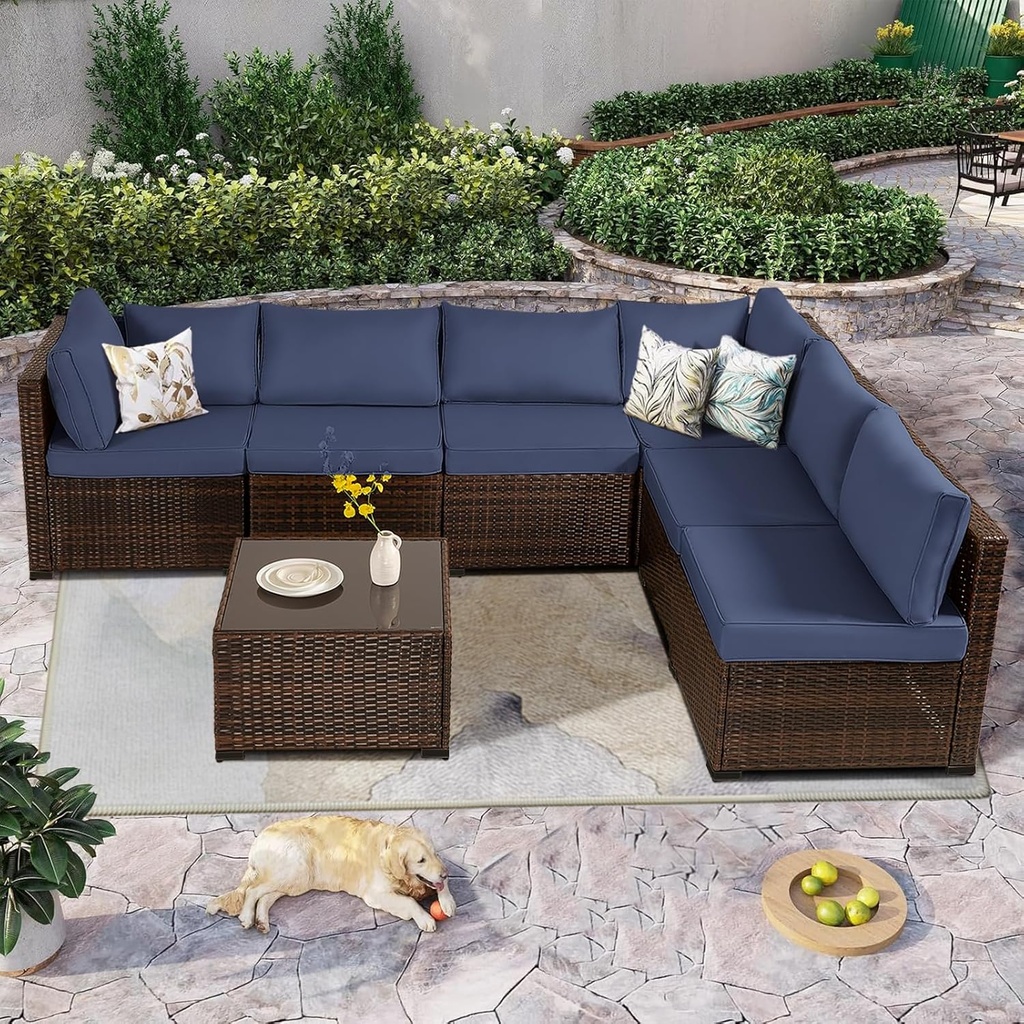 7 Pieces Patio Furniture Set,Wicker Outdoor Conversation Set,Rattan Sectional Sofa Set w/Washable Cushions & Glass Coffee Table for Porch Poolside Backyard-Brown/Blue