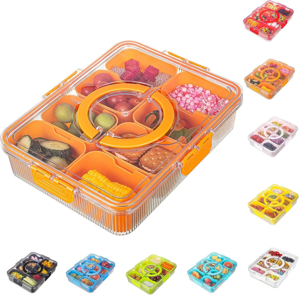 Patent Divided Serving Tray with Lid & Handle - Snackle Box Organizer for Charcuterie, Sandwiches, Veggies, Fruits, Candy - Portable Food Storage for Travel, Beach, Picnics（1 pcs, Orange）