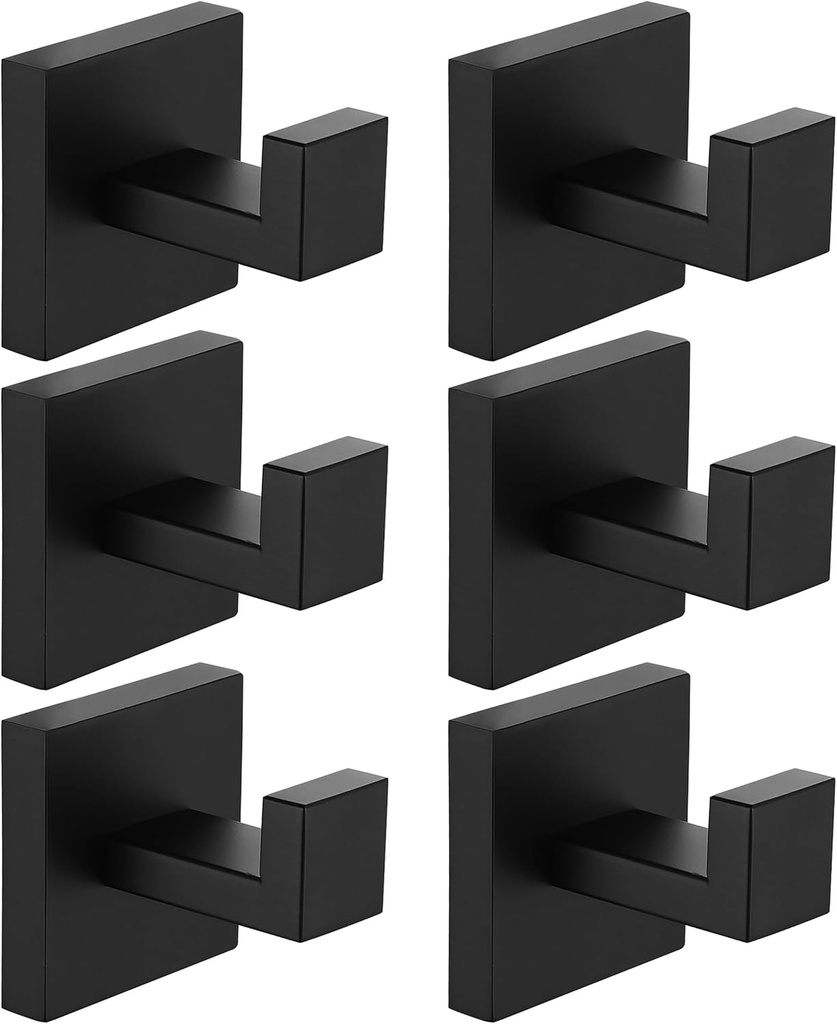 Nolimas Towel Hook Stainless Steel Bathroom Rustproof Clothes Towel Coat Hook Wall Mounted Square Toilet Kitchen, Heavy Duty Door Hanger Matte Black, 6 Pack