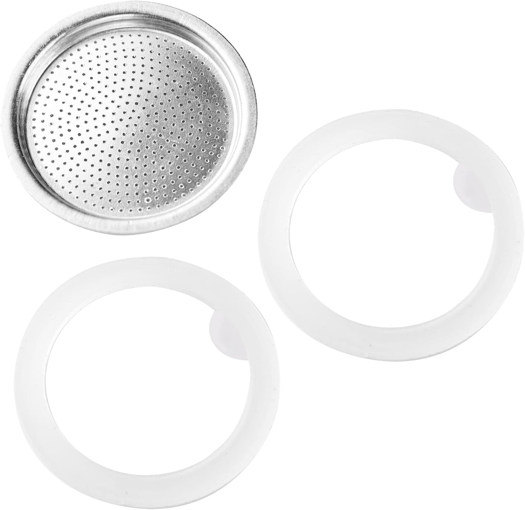 SEVEN&ME Silicone Gaskets Stainless Filter Moka Express Replacement Funnel Kits Replacement for Moka Coffee Maker, 1 Set, Silver & White