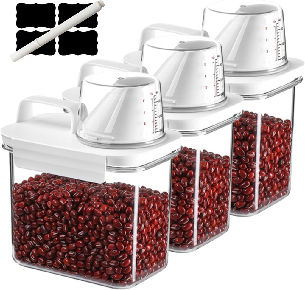 Air Tight Cereal Container Organizer Set of 3-1100ML Total 111oz, Dry Food Storage for Pet Food, Rice, Oatmeal with Pour Spout Lid & Small Plastic Measuring Cup for Flour and Sugar