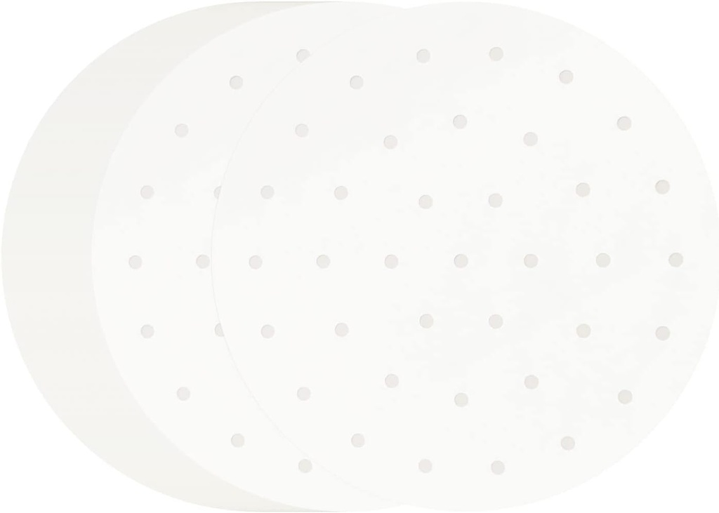 100 PCS Bamboo Steamer Liner, 10" Round Air Fryer Parchment Paper with Holes, White Anti-Stick Steamer Paper